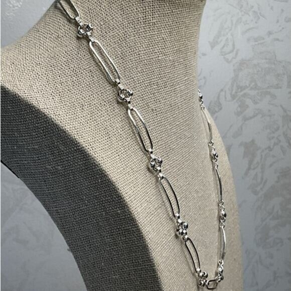 Silver Tone Paper Clip Style Necklace With Beaded Accents & Lobster Clasp - Picture 2 of 4